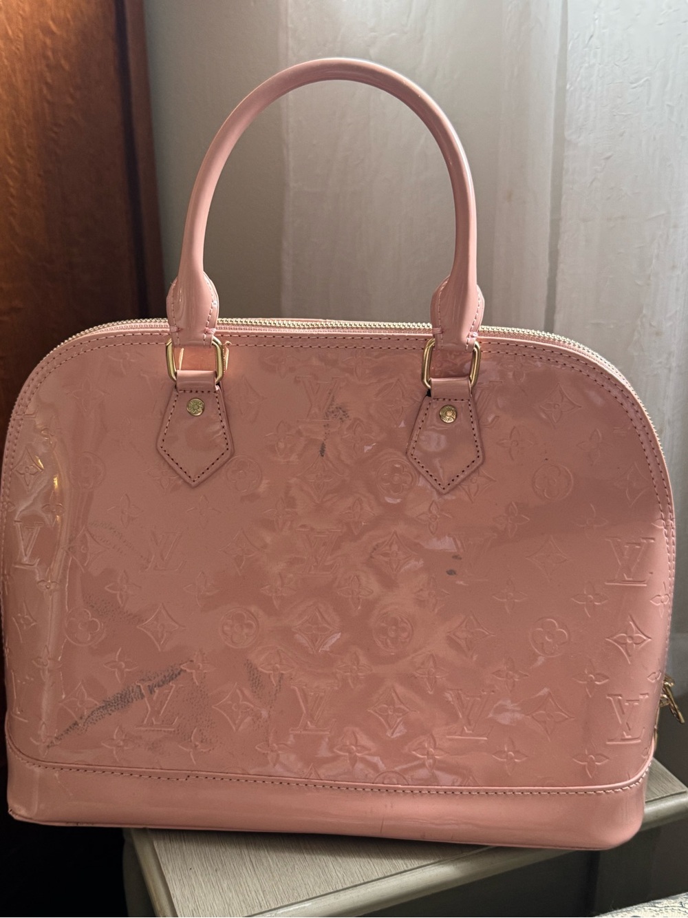 Pink Patent Monogram Satchel with Gold-Tone Hardware- fun bag! - Picture 5 of 7